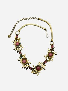 Pink cabochon & rhinestone daisy flowers gold tone choker vintage necklace